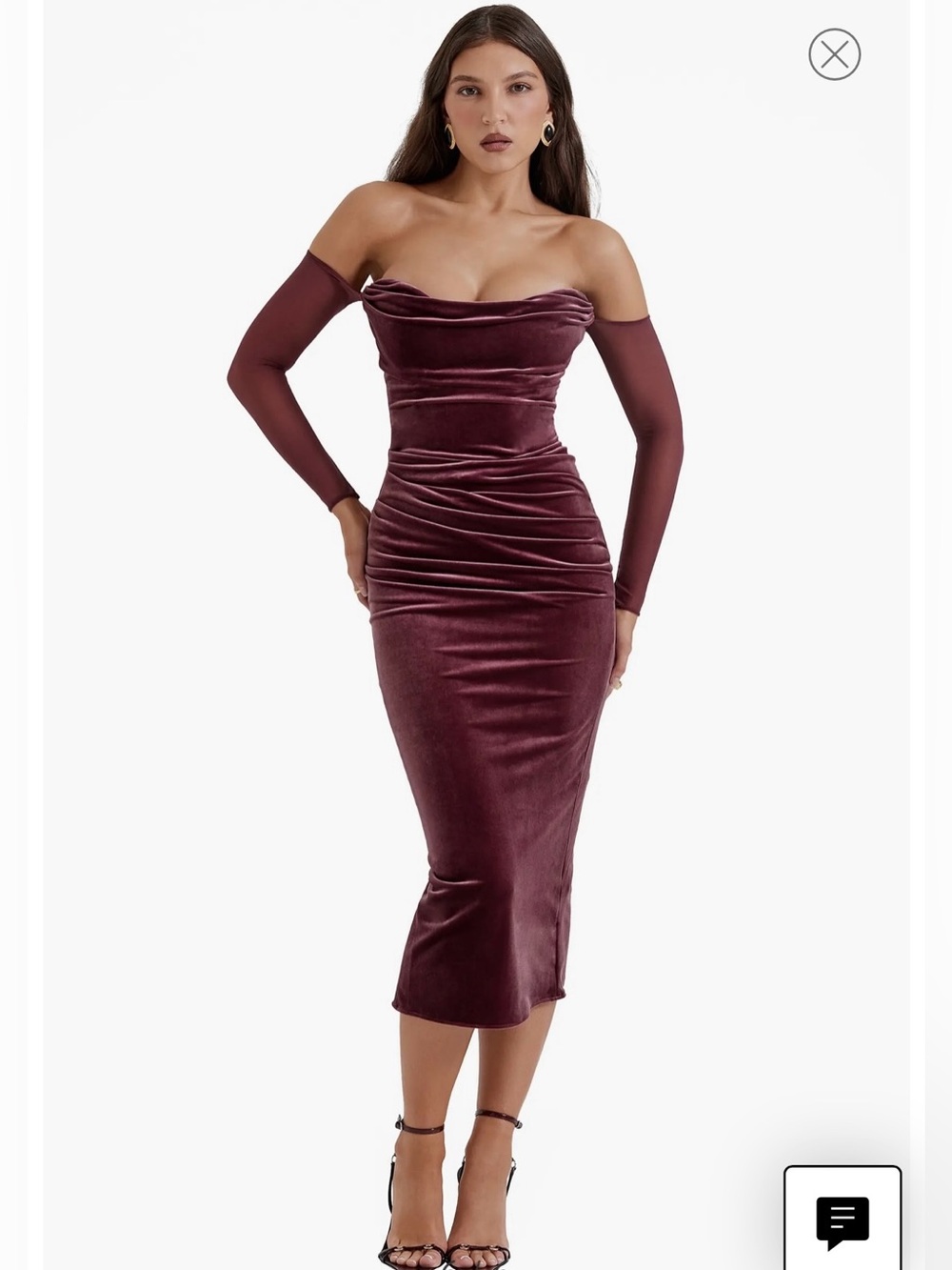House of CB Leora Strapless Velvet Midi Dress in Mulberry